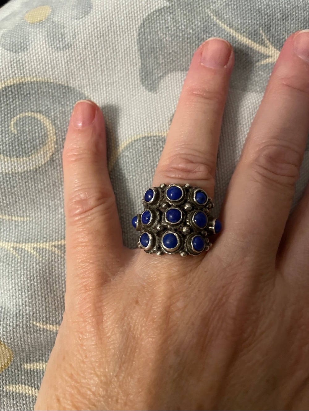 Vintage-Inspired Silver Ring with Blue Cabochon Accents